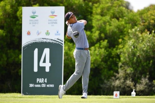Hugo Leon of Chile tees off on the fourteen hole during Day One of the Challenge de Espana at Iberostar Real Club de Golf Novo Sancti Petri on June...