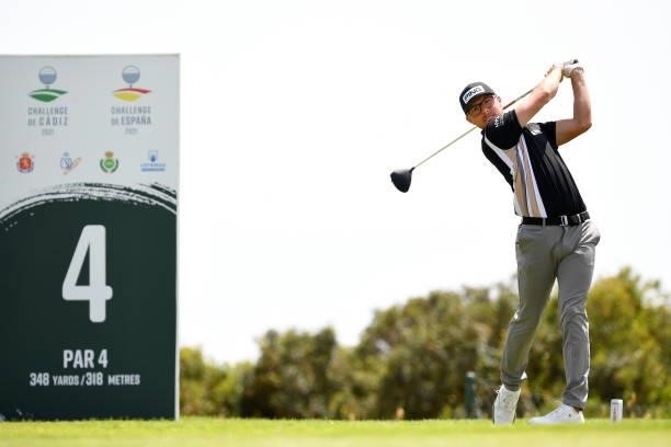 George Bloor of England tees off on the fourth hole during Day One of the Challenge de Espana at Iberostar Real Club de Golf Novo Sancti Petri on...