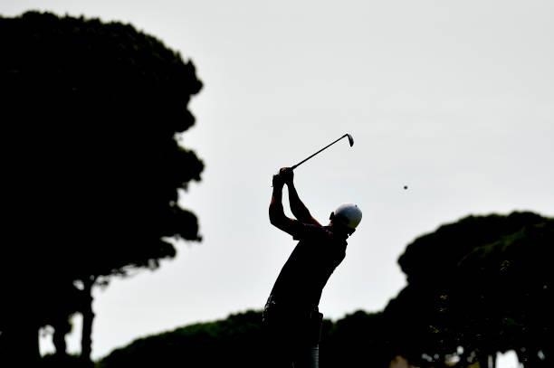 Tyler Koivisto of USA plays his second shot on the eleven hole during Day One of the Challenge de Espana at Iberostar Real Club de Golf Novo Sancti...
