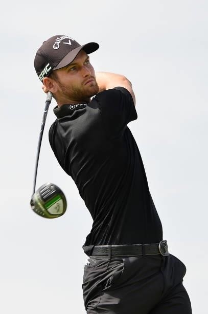 Daniel Gavins of Great Britain tees off on the sixteen hole during Day One of the Challenge de Espana at Iberostar Real Club de Golf Novo Sancti...