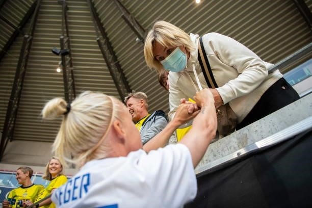 Mother of Caroline Seger of Sweden reacts after the Women's International Friendly match between Sweden and Australia at Guldfageln Arena on June 15,...
