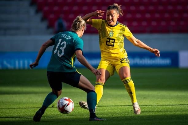 Tameka Yallop of Australia and Johanna Rytting Kaneryd of Sweden battle for the ball during the Women's International Friendly match between Sweden...