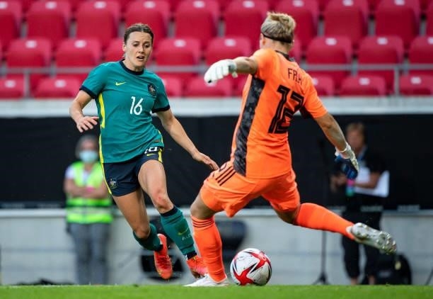 Hayley Raso of Australia and Jennifer Falk of Sweden during the Women's International Friendly match between Sweden and Australia at Guldfageln Arena...
