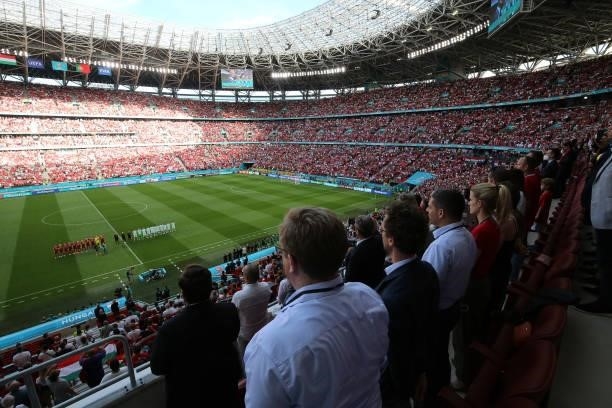 Team national anthems during the UEFA Euro 2020 Championship Group F match between Hungary and Portugal on June 15, 2021 in Budapest, Hungary.