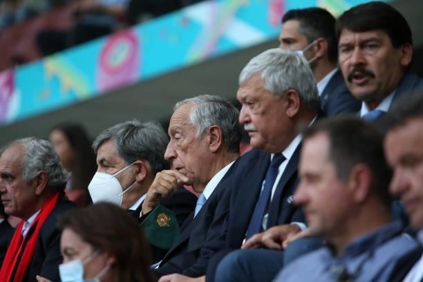 Marcelo Rebelo de Sousa, President of Portugal, Sándor Csányi, CEO of OTP Bank Group, and János Áder, Hungarian President during the UEFA Euro 2020...