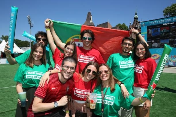 Fans at the Budapest Fan Zone ahead of the UEFA Euro 2020 Championship Group F match between Hungary and Portugal on June 15, 2021 in Budapest,...