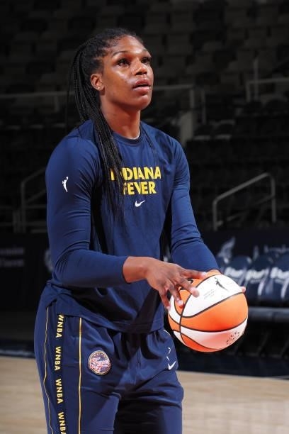 Teaira McCowan of the Indiana Fever warms up before the game against the Seattle Storm on June 15, 2021 at Bankers Life Fieldhouse in Indianapolis,...