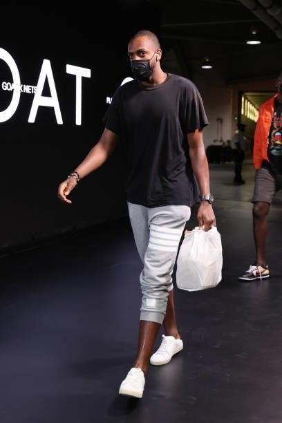 Khris Middleton of the Milwaukee Bucks arrives to the arena prior to the game against the Brooklyn Nets during Round 2, Game 5 of the 2021 NBA...