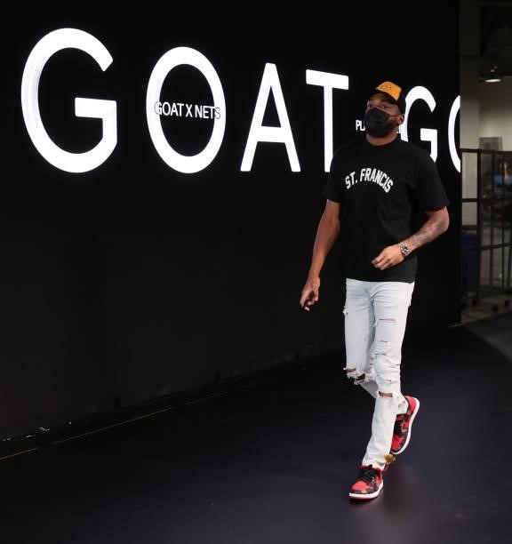 Bruce Brown of the Brooklyn Nets arrives to the arena prior to the game against the Milwaukee Bucks during Round 2, Game 5 of the 2021 NBA Playoffs...