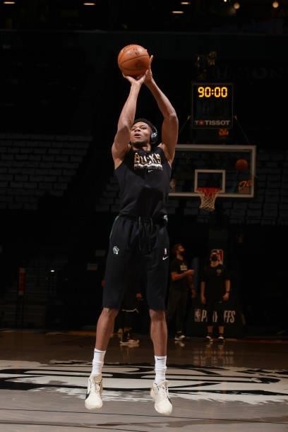 Giannis Antetokounmpo of the Milwaukee Bucks warms up prior to the game against the Brooklyn Nets during Round 2, Game 5 of the 2021 NBA Playoffs on...