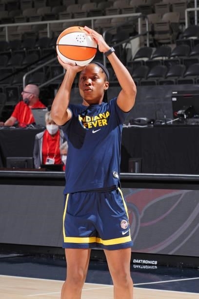 Lindsay Allen of the Indiana Fever warms up before the game against the Seattle Storm on June 15, 2021 at Bankers Life Fieldhouse in Indianapolis,...