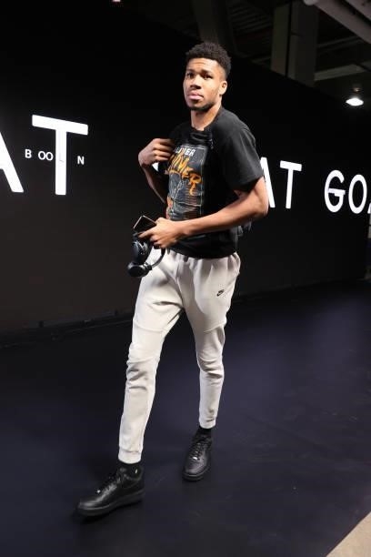 Giannis Antetokounmpo of the Milwaukee Bucks arrives to the arena prior to the game against the Brooklyn Nets during Round 2, Game 5 of the 2021 NBA...