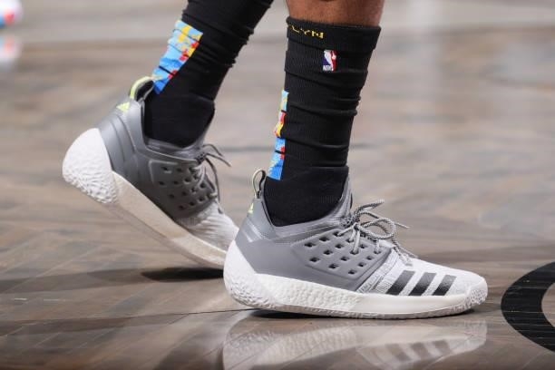 The sneakers worn by James Harden of the Brooklyn Nets during Round 2, Game 5 of the 2021 NBA Playoffs on June 15, 2021 at Barclays Center in...