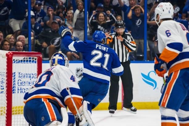 Brayden Point of the Tampa Bay Lightning celebrates a goal against the New York Islanders during the first period in Game Two of the Stanley Cup...