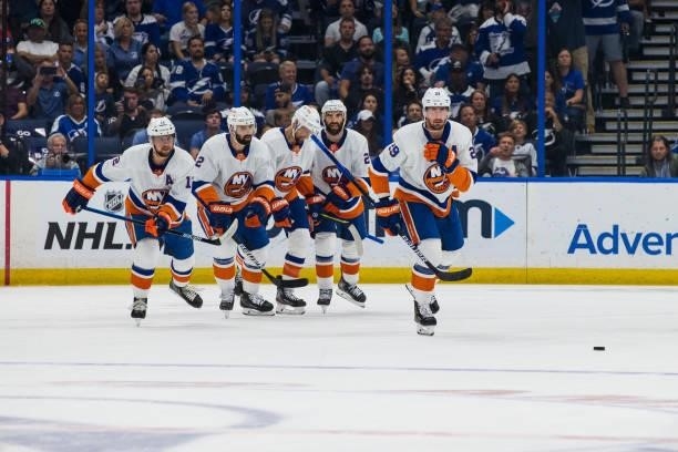The New York Islanders celebrate a goal against the Tampa Bay Lightning during the first period in Game Two of the Stanley Cup Semifinals of the 2021...