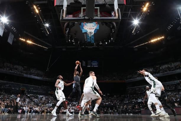 Kevin Durant of the Brooklyn Nets shoots the ball against the Milwaukee Bucks during Round 2, Game 5 of the 2021 NBA Playoffs on June 15, 2021 at...
