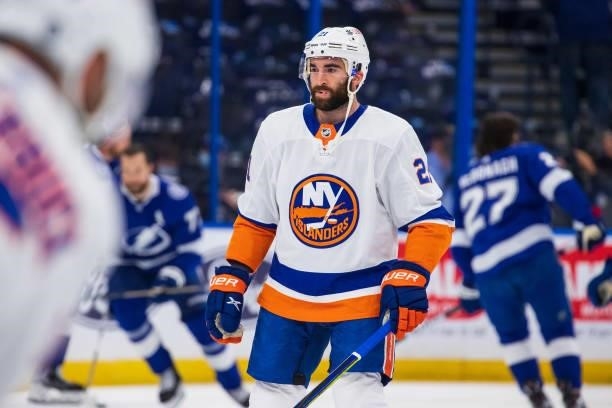 Kyle Palmieri of the New York Islanders during the pregame warm ups against the Tampa Bay Lightning in Game Two of the Stanley Cup Semifinals of the...