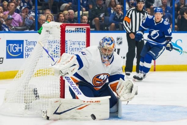 Goalie Semyon Varlamov of the New York Islanders makes a save against the Tampa Bay Lightning during the first period in Game Two of the Stanley Cup...
