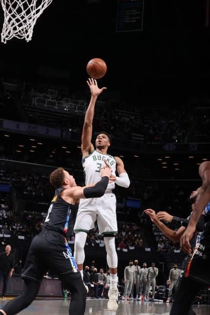 Giannis Antetokounmpo of the Milwaukee Bucks shoots the ball during Round 2, Game 5 of the 2021 NBA Playoffs on June 15, 2021 at Barclays Center in...