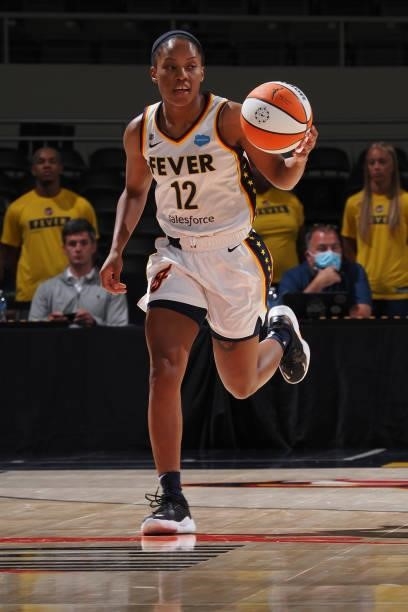 Lindsay Allen of the Indiana Fever handles the ball against the Seattle Storm on June 15, 2021 at Bankers Life Fieldhouse in Indianapolis, Indiana....