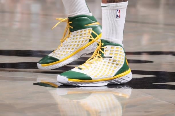 The sneakers worn by P.J. Tucker of the Milwaukee Bucks during Round 2, Game 5 of the 2021 NBA Playoffs on June 15, 2021 at Barclays Center in...