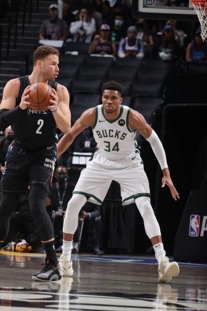 Giannis Antetokounmpo of the Milwaukee Bucks plays defense on Blake Griffin of the Brooklyn Nets during Round 2, Game 5 of the 2021 NBA Playoffs on...
