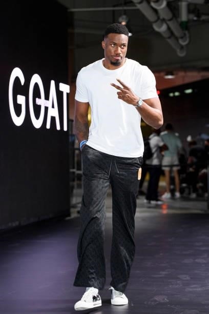 Thanasis Antetokounmpo of the Milwaukee Bucks arrives to the arena prior to the game against the Brooklyn Nets during Round 2, Game 5 of the 2021 NBA...