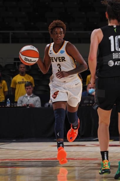 Danielle Robinson of the Indiana Fever handles the ball against the Seattle Storm on June 15, 2021 at Bankers Life Fieldhouse in Indianapolis,...