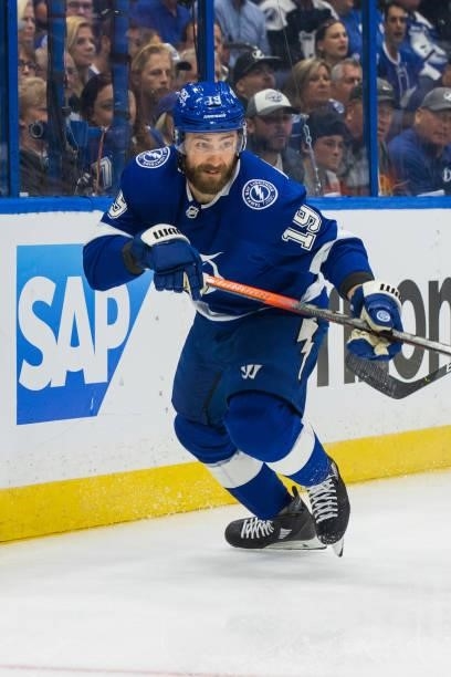 Barclay Goodrow of the Tampa Bay Lightning skates against the New York Islanders during the first period in Game Two of the Stanley Cup Semifinals of...