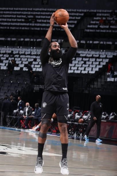 James Harden of the Brooklyn Nets warms up prior to the game against the Milwaukee Bucks during Round 2, Game 5 of the 2021 NBA Playoffs on June 15,...