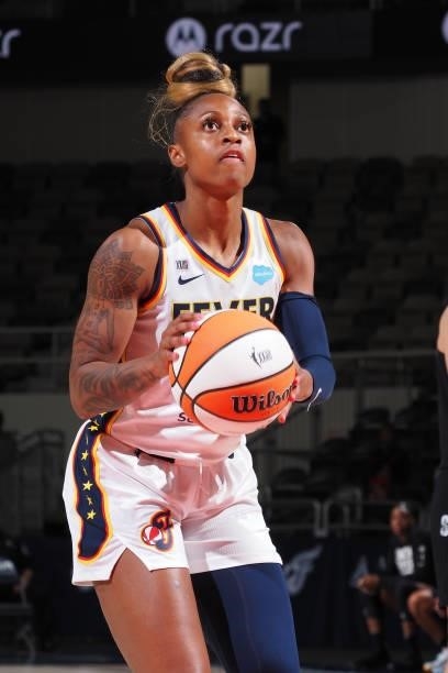 Tiffany Mitchell of the Indiana Fever shoots the ball against the Seattle Storm on June 15, 2021 at Bankers Life Fieldhouse in Indianapolis, Indiana....