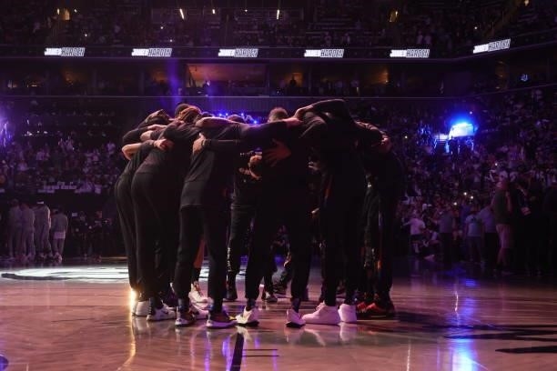 The Brooklyn Nets huddle up prior to the game against the Milwaukee Bucks during Round 2, Game 5 of the 2021 NBA Playoffs on June 15, 2021 at...
