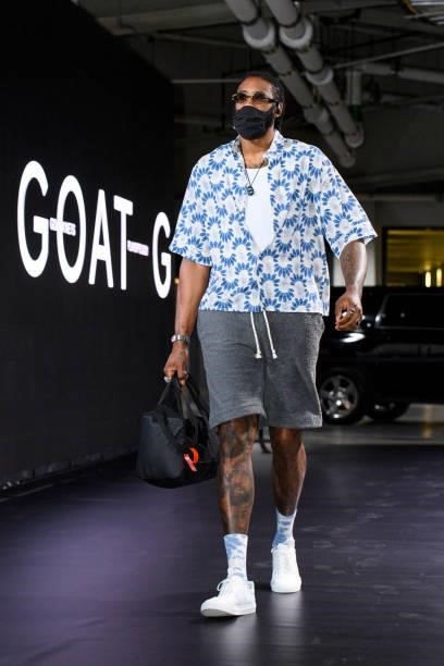 DeAndre Jordan of the Brooklyn Nets arrives to the arena prior to the game against the Milwaukee Bucks during Round 2, Game 5 of the 2021 NBA...