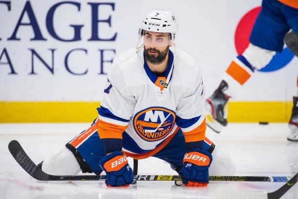 Jordan Eberle of the New York Islanders during the pregame warm ups against the Tampa Bay Lightning in Game Two of the Stanley Cup Semifinals of the...
