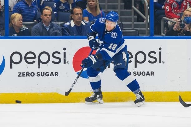 Ondrej Palat of the Tampa Bay Lightning shoots against the New York Islanders during the first period in Game Two of the Stanley Cup Semifinals of...