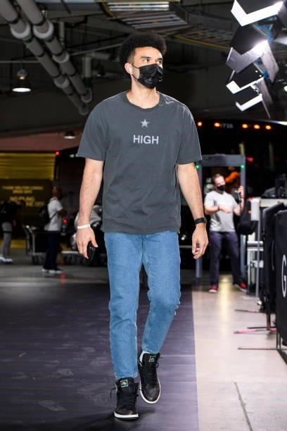 Justin Jackson of the Milwaukee Bucks arrives to the arena prior to the game against the Brooklyn Nets during Round 2, Game 5 of the 2021 NBA...