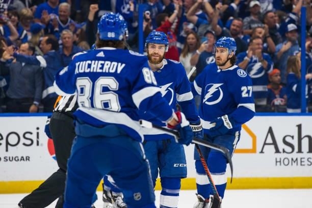 Brayden Point of the Tampa Bay Lightning celebrates a goal with teammate Nikita Kucherov against the New York Islanders during the first period in...