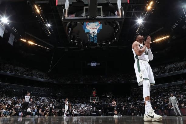 Giannis Antetokounmpo of the Milwaukee Bucks warms up prior to the game against the Brooklyn Nets during Round 2, Game 5 of the 2021 NBA Playoffs on...
