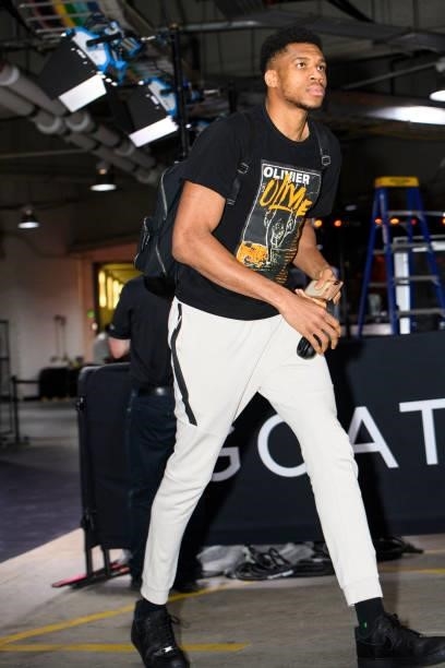 Giannis Antetokounmpo of the Milwaukee Bucks arrives to the arena prior to the game against the Brooklyn Nets during Round 2, Game 5 of the 2021 NBA...