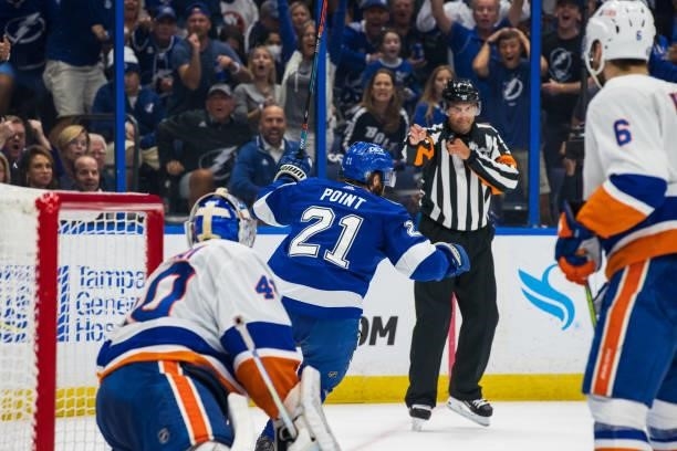 Brayden Point of the Tampa Bay Lightning celebrates a goal against the New York Islanders during the first period in Game Two of the Stanley Cup...