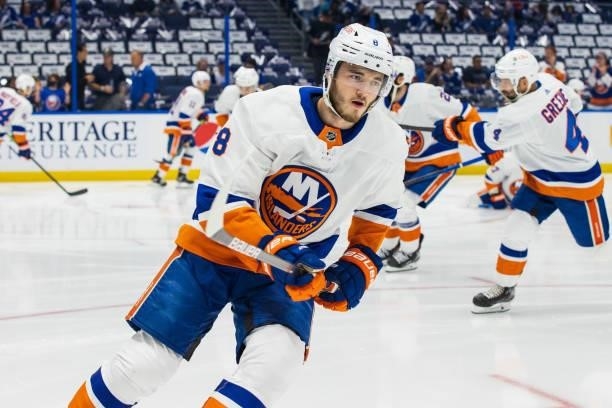 Noah Dobson of the New York Islanders during the pregame warm ups against the Tampa Bay Lightning in Game Two of the Stanley Cup Semifinals of the...
