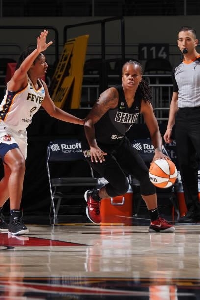 Epiphanny Prince of the Seattle Storm handles the ball against the Indiana Fever on June 15, 2021 at Bankers Life Fieldhouse in Indianapolis,...