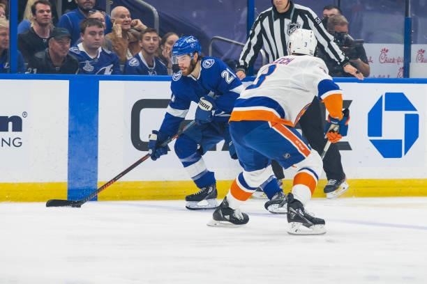 Brayden Point of the Tampa Bay Lightning skates against the New York Islanders during the first period in Game Two of the Stanley Cup Semifinals of...