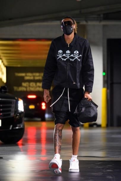 Nicolas Claxton of the Brooklyn Nets arrives to the arena prior to the game against the Milwaukee Bucks during Round 2, Game 5 of the 2021 NBA...