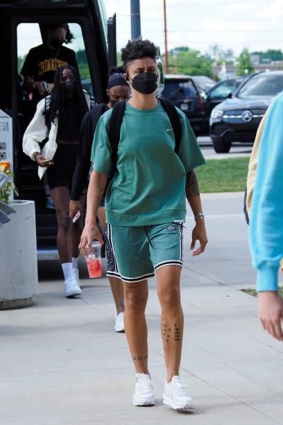 Candice Dupree of the Seattle Storm arrives to the game against the Indiana Fever on June 15, 2021 at Bankers Life Fieldhouse in Indianapolis,...