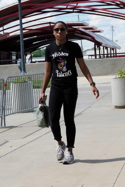 Lindsay Allen of the Indiana Fever arrives to the game against the Seattle Storm on June 15, 2021 at Bankers Life Fieldhouse in Indianapolis,...