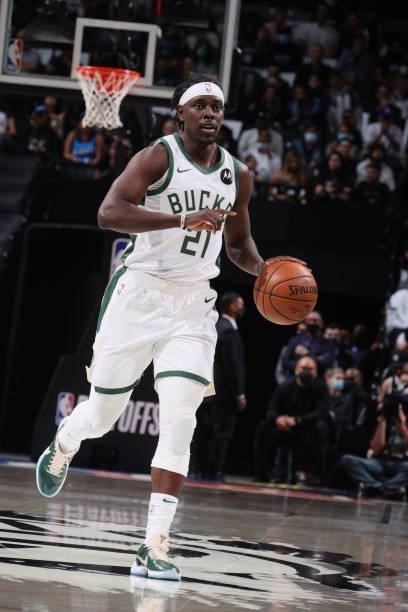 Jrue Holiday of the Milwaukee Bucks dribbles the ball during Round 2, Game 5 of the 2021 NBA Playoffs on June 15, 2021 at Barclays Center in...
