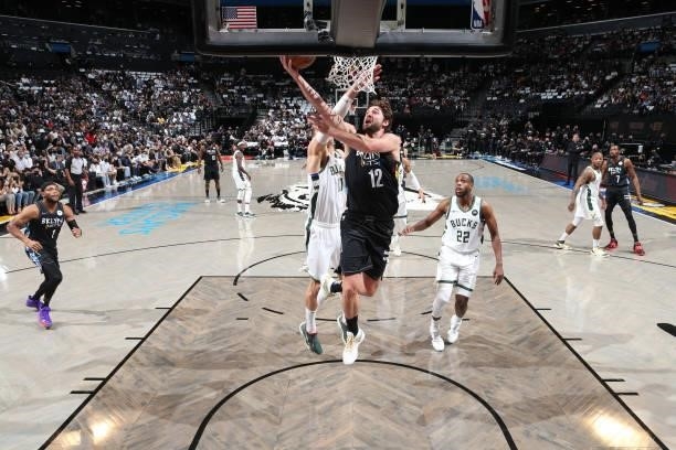 Joe Harris of the Brooklyn Nets shoots the ball against the Milwaukee Bucks during Round 2, Game 5 of the 2021 NBA Playoffs on June 15, 2021 at...