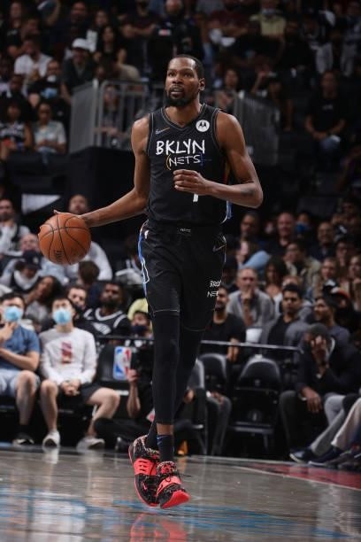 Kevin Durant of the Brooklyn Nets dribbles the ball against the Milwaukee Bucks during Round 2, Game 5 of the 2021 NBA Playoffs on June 15, 2021 at...