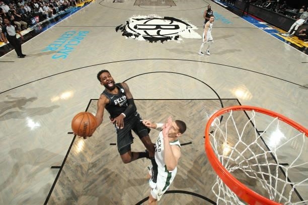 Jeff Green of the Brooklyn Nets drives to the basket against the Milwaukee Bucks during Round 2, Game 5 of the 2021 NBA Playoffs on June 15, 2021 at...